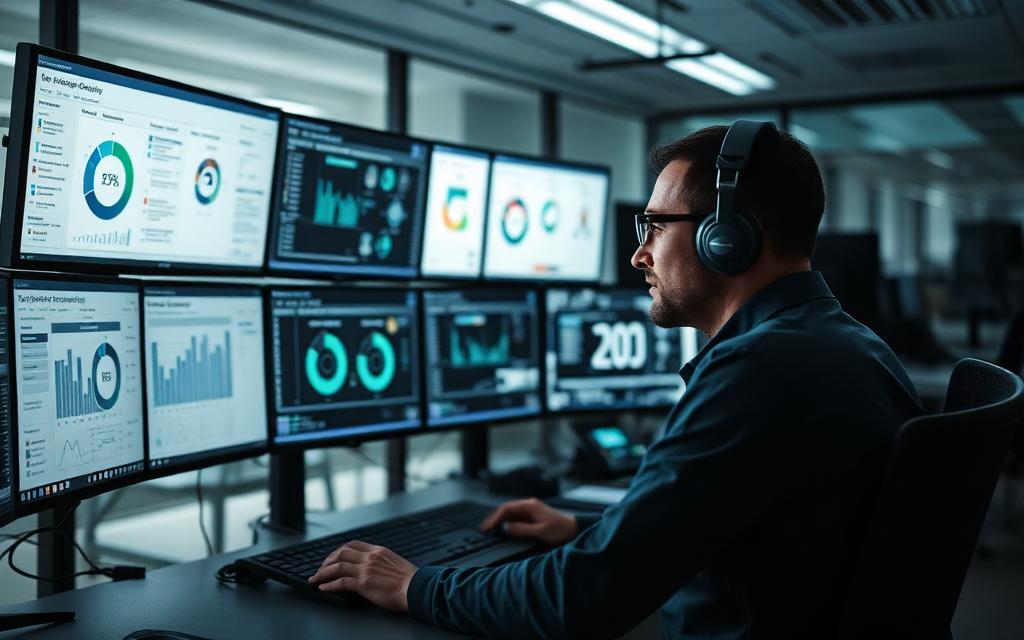 Operations team reviewing an automated workflow dashboard on a large screen in an office