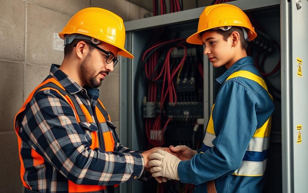Experienced electrician showing an apprentice how to terminate wiring inside a panel on a jobsite